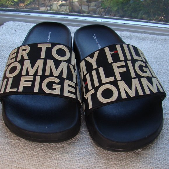 Tommy Hilfiger black slides white logo, size 8 - Picture 2 of 5